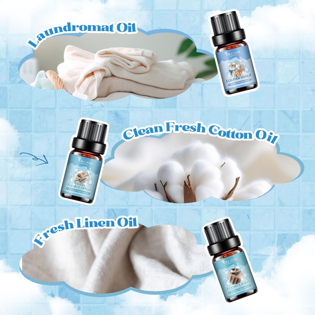 OleaVox Ätherische Öle für die Wäsche, Duftöl für Diffuser, Zuhause, Kerzen- & Seifenherstellung, Frische Wäsche, Baumwolle, Waschsalon, Blütenduft, reiner weißer Komfort, flauschige Handtücher, stark duftende Öle (6 x 10 ml)