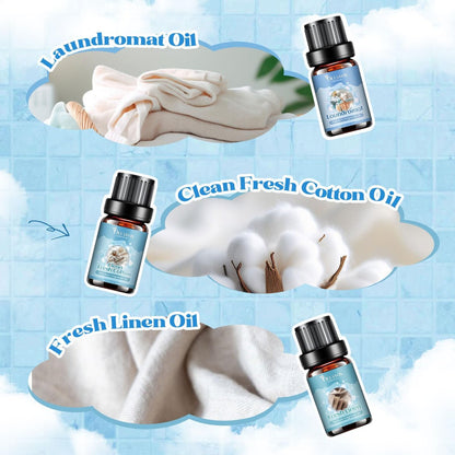 OleaVox Ätherische Öle für die Wäsche, Duftöl für Diffuser, Zuhause, Kerzen- & Seifenherstellung, Frische Wäsche, Baumwolle, Waschsalon, Blütenduft, reiner weißer Komfort, flauschige Handtücher, stark duftende Öle (6 x 10 ml)