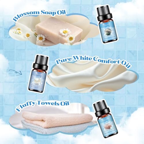 OleaVox Ätherische Öle für die Wäsche, Duftöl für Diffuser, Zuhause, Kerzen- & Seifenherstellung, Frische Wäsche, Baumwolle, Waschsalon, Blütenduft, reiner weißer Komfort, flauschige Handtücher, stark duftende Öle (6 x 10 ml)