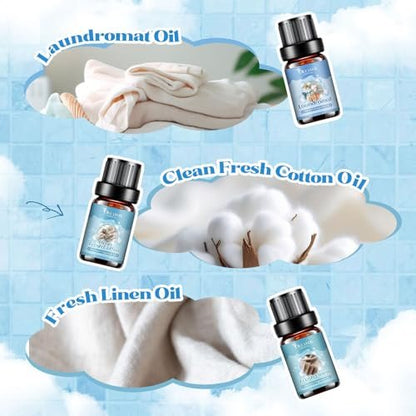 OleaVox Ätherische Öle für die Wäsche, Duftöl für Diffuser, Zuhause, Kerzen- & Seifenherstellung, Frische Wäsche, Baumwolle, Waschsalon, Blütenduft, reiner weißer Komfort, flauschige Handtücher, stark duftende Öle (6 x 10 ml)