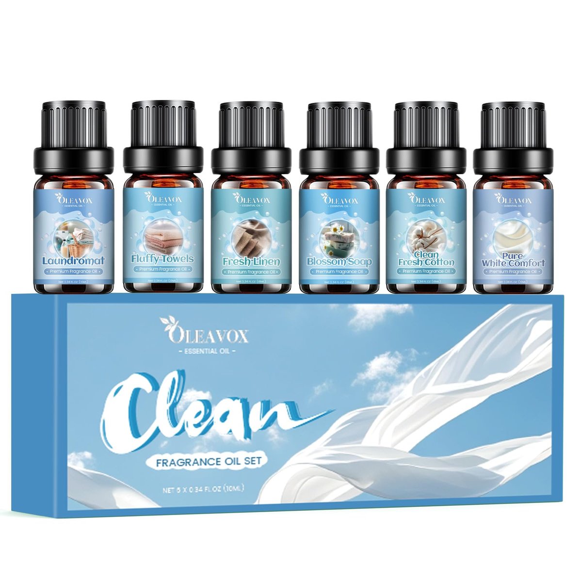 OleaVox Ätherische Öle für die Wäsche, Duftöl für Diffuser, Zuhause, Kerzen- & Seifenherstellung, Frische Wäsche, Baumwolle, Waschsalon, Blütenduft, reiner weißer Komfort, flauschige Handtücher, stark duftende Öle (6 x 10 ml)