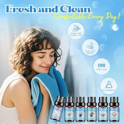 OleaVox Ätherische Öle für die Wäsche, Duftöl für Diffuser, Zuhause, Kerzen- & Seifenherstellung, Frische Wäsche, Baumwolle, Waschsalon, Blütenduft, reiner weißer Komfort, flauschige Handtücher, stark duftende Öle (6 x 10 ml)