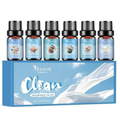 OleaVox Ätherische Öle für die Wäsche, Duftöl für Diffuser, Zuhause, Kerzen- & Seifenherstellung, Frische Wäsche, Baumwolle, Waschsalon, Blütenduft, reiner weißer Komfort, flauschige Handtücher, stark duftende Öle (6 x 10 ml)