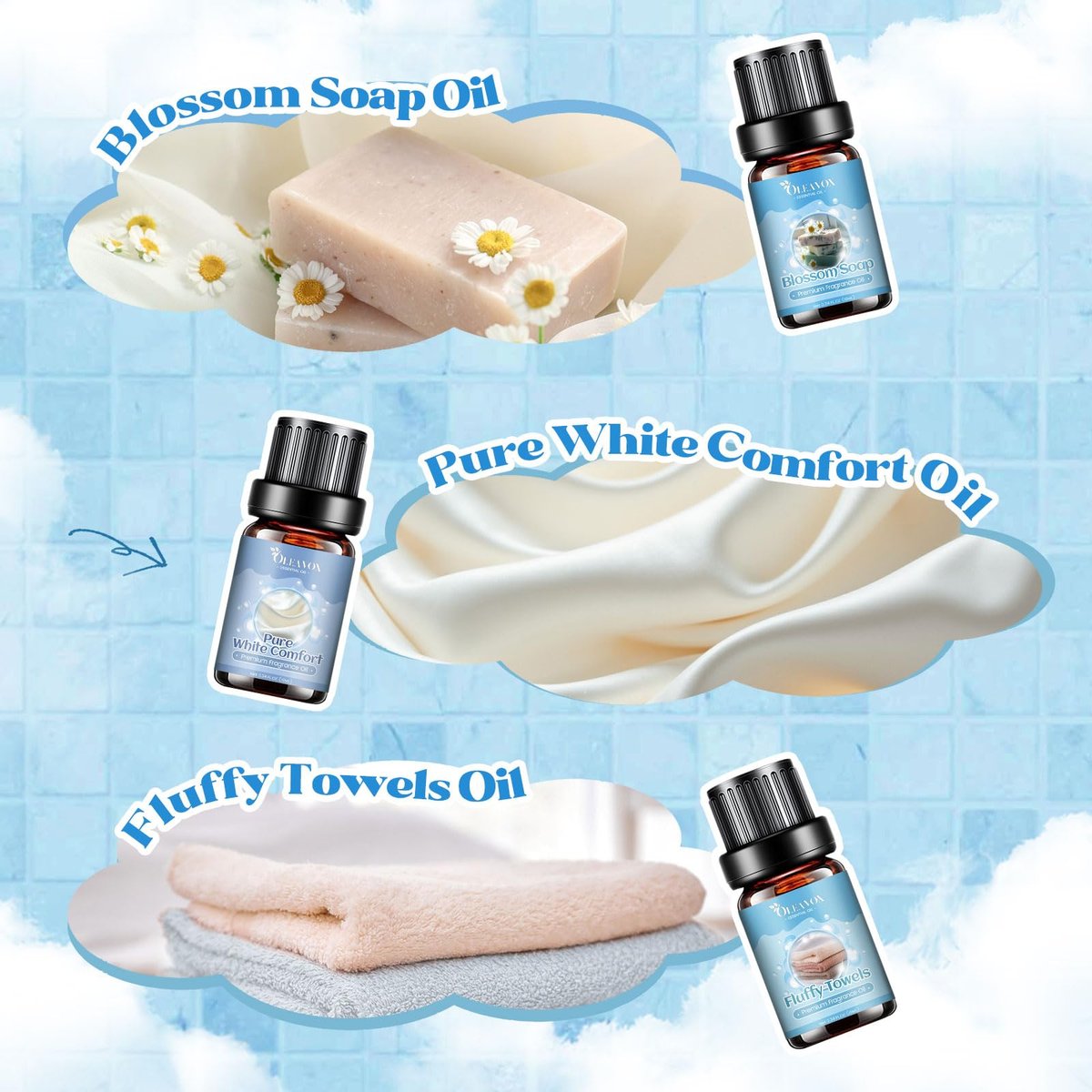 OleaVox Ätherische Öle für die Wäsche, Duftöl für Diffuser, Zuhause, Kerzen- & Seifenherstellung, Frische Wäsche, Baumwolle, Waschsalon, Blütenduft, reiner weißer Komfort, flauschige Handtücher, stark duftende Öle (6 x 10 ml)