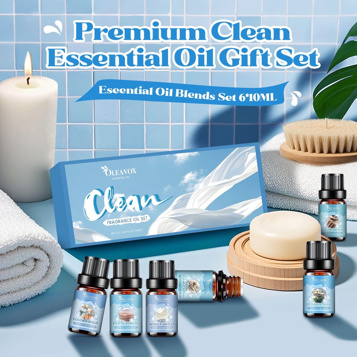 OleaVox Ätherische Öle für die Wäsche, Duftöl für Diffuser, Zuhause, Kerzen- & Seifenherstellung, Frische Wäsche, Baumwolle, Waschsalon, Blütenduft, reiner weißer Komfort, flauschige Handtücher, stark duftende Öle (6 x 10 ml)