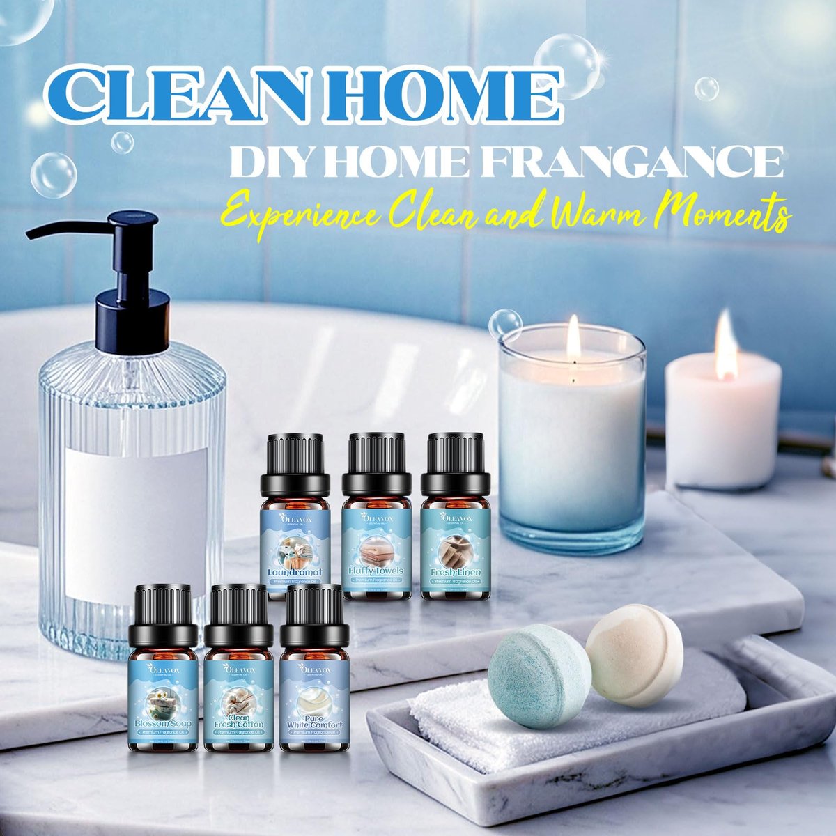 OleaVox Ätherische Öle für die Wäsche, Duftöl für Diffuser, Zuhause, Kerzen- & Seifenherstellung, Frische Wäsche, Baumwolle, Waschsalon, Blütenduft, reiner weißer Komfort, flauschige Handtücher, stark duftende Öle (6 x 10 ml)