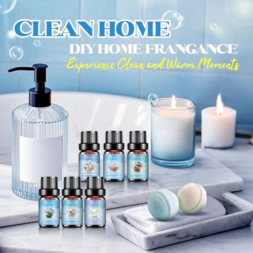 OleaVox Ätherische Öle für die Wäsche, Duftöl für Diffuser, Zuhause, Kerzen- & Seifenherstellung, Frische Wäsche, Baumwolle, Waschsalon, Blütenduft, reiner weißer Komfort, flauschige Handtücher, stark duftende Öle (6 x 10 ml)