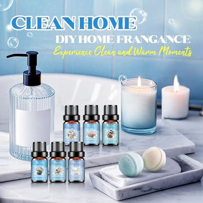 OleaVox Ätherische Öle für die Wäsche, Duftöl für Diffuser, Zuhause, Kerzen- & Seifenherstellung, Frische Wäsche, Baumwolle, Waschsalon, Blütenduft, reiner weißer Komfort, flauschige Handtücher, stark duftende Öle (6 x 10 ml)