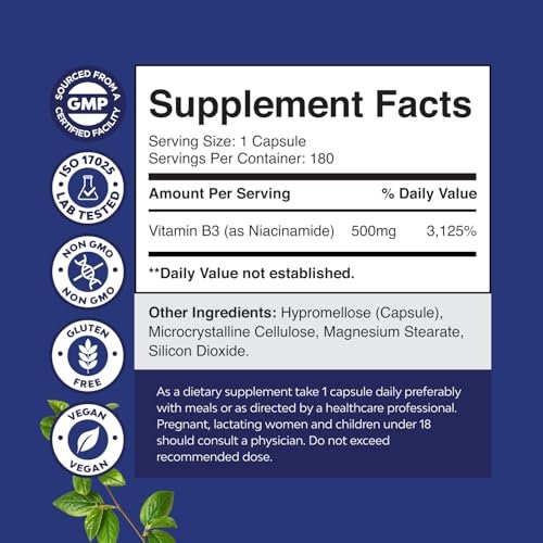 Reines Vitamin B3 Niacinamid 500mg Kapseln – Niacinamid (Vit B3) 500mg, flushfreie Form von B3-Vitaminen für Hautgesundheit, Entgiftung & NAD-Produktion für Frauen & Männer – Nahrungsergänzungsmittel für gesunde Haut – 180 Stück