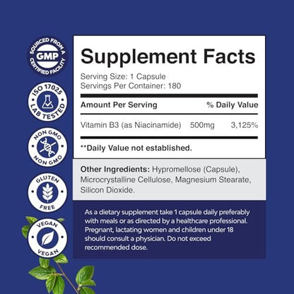 Reines Vitamin B3 Niacinamid 500mg Kapseln – Niacinamid (Vit B3) 500mg, flushfreie Form von B3-Vitaminen für Hautgesundheit, Entgiftung & NAD-Produktion für Frauen & Männer – Nahrungsergänzungsmittel für gesunde Haut – 180 Stück