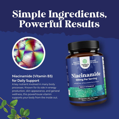 Reines Vitamin B3 Niacinamid 500mg Kapseln – Niacinamid (Vit B3) 500mg, flushfreie Form von B3-Vitaminen für Hautgesundheit, Entgiftung & NAD-Produktion für Frauen & Männer – Nahrungsergänzungsmittel für gesunde Haut – 180 Stück