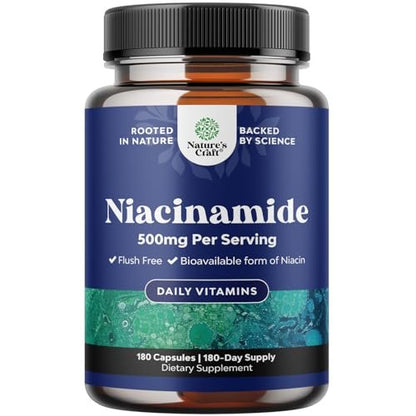 Reines Vitamin B3 Niacinamid 500mg Kapseln – Niacinamid (Vit B3) 500mg, flushfreie Form von B3-Vitaminen für Hautgesundheit, Entgiftung & NAD-Produktion für Frauen & Männer – Nahrungsergänzungsmittel für gesunde Haut – 180 Stück