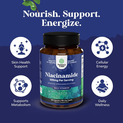 Reines Vitamin B3 Niacinamid 500mg Kapseln – Niacinamid (Vit B3) 500mg, flushfreie Form von B3-Vitaminen für Hautgesundheit, Entgiftung & NAD-Produktion für Frauen & Männer – Nahrungsergänzungsmittel für gesunde Haut – 180 Stück