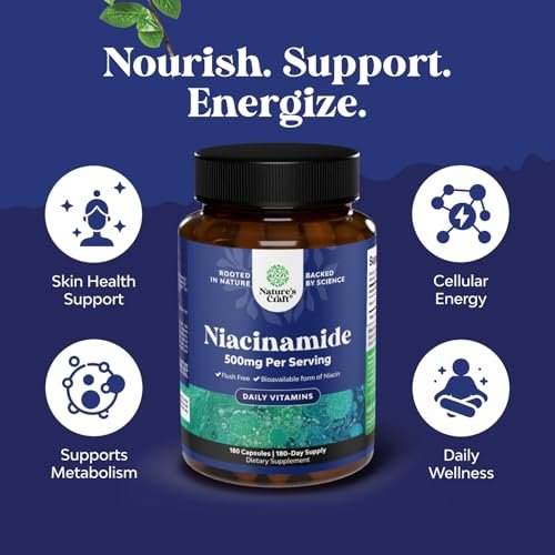 Reines Vitamin B3 Niacinamid 500mg Kapseln – Niacinamid (Vit B3) 500mg, flushfreie Form von B3-Vitaminen für Hautgesundheit, Entgiftung & NAD-Produktion für Frauen & Männer – Nahrungsergänzungsmittel für gesunde Haut – 180 Stück