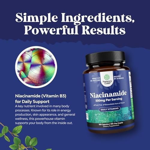 Reines Vitamin B3 Niacinamid 500mg Kapseln – Niacinamid (Vit B3) 500mg, flushfreie Form von B3-Vitaminen für Hautgesundheit, Entgiftung & NAD-Produktion für Frauen & Männer – Nahrungsergänzungsmittel für gesunde Haut – 180 Stück