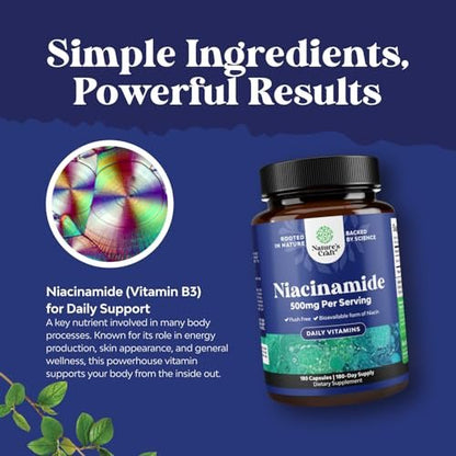 Reines Vitamin B3 Niacinamid 500mg Kapseln – Niacinamid (Vit B3) 500mg, flushfreie Form von B3-Vitaminen für Hautgesundheit, Entgiftung & NAD-Produktion für Frauen & Männer – Nahrungsergänzungsmittel für gesunde Haut – 180 Stück