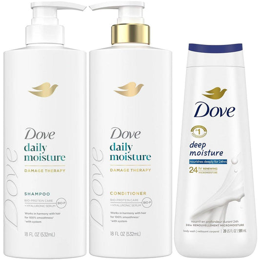 Dove Daily Moisture Shampoo & Conditioner Set mit Deep Moisture Body Wash – Tiefenhydratation für trockenes Haar und trockene Haut (3-teiliges Set)