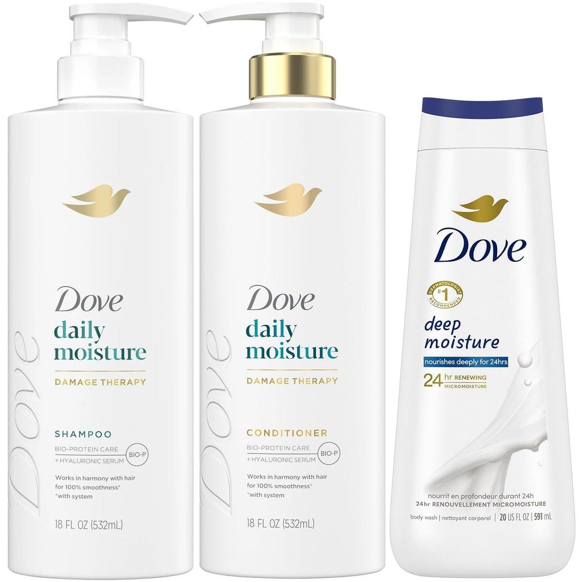 Dove Daily Moisture Shampoo & Conditioner Set mit Deep Moisture Body Wash – Tiefenhydratation für trockenes Haar und trockene Haut (3-teiliges Set)