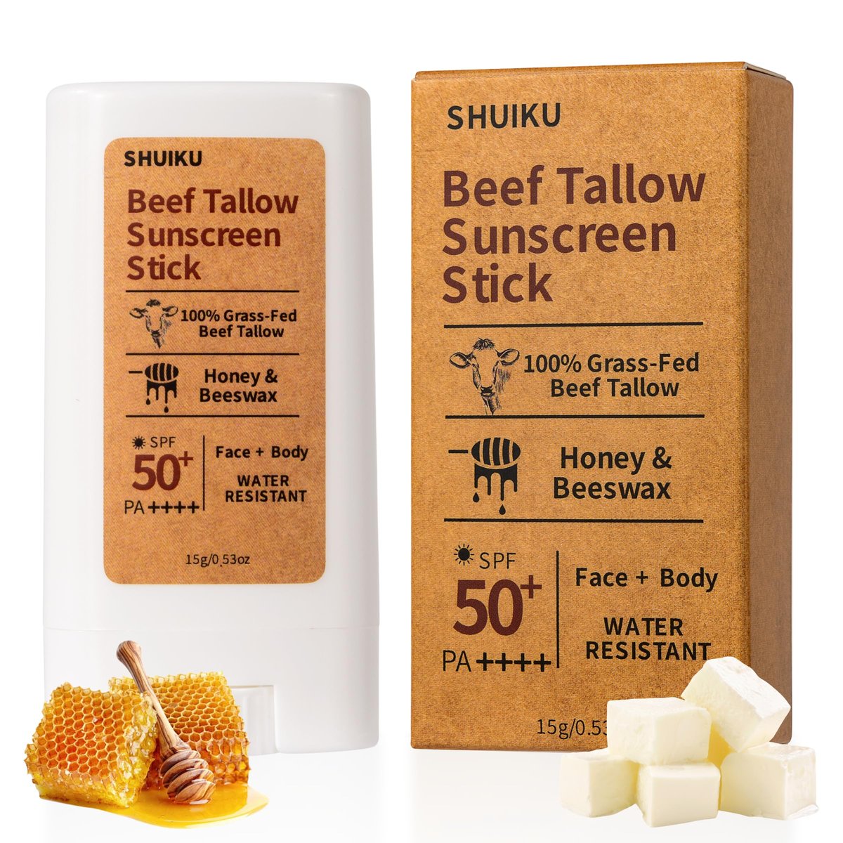 Beef Tallow Sonnencreme Organic Stick SPF 50 – Nicht-Nano Zinkoxid Mineralischer Sonnenschutz mit Honig & Bienenwachs für Gesicht & Körper, Wasserbeständig, 15 g