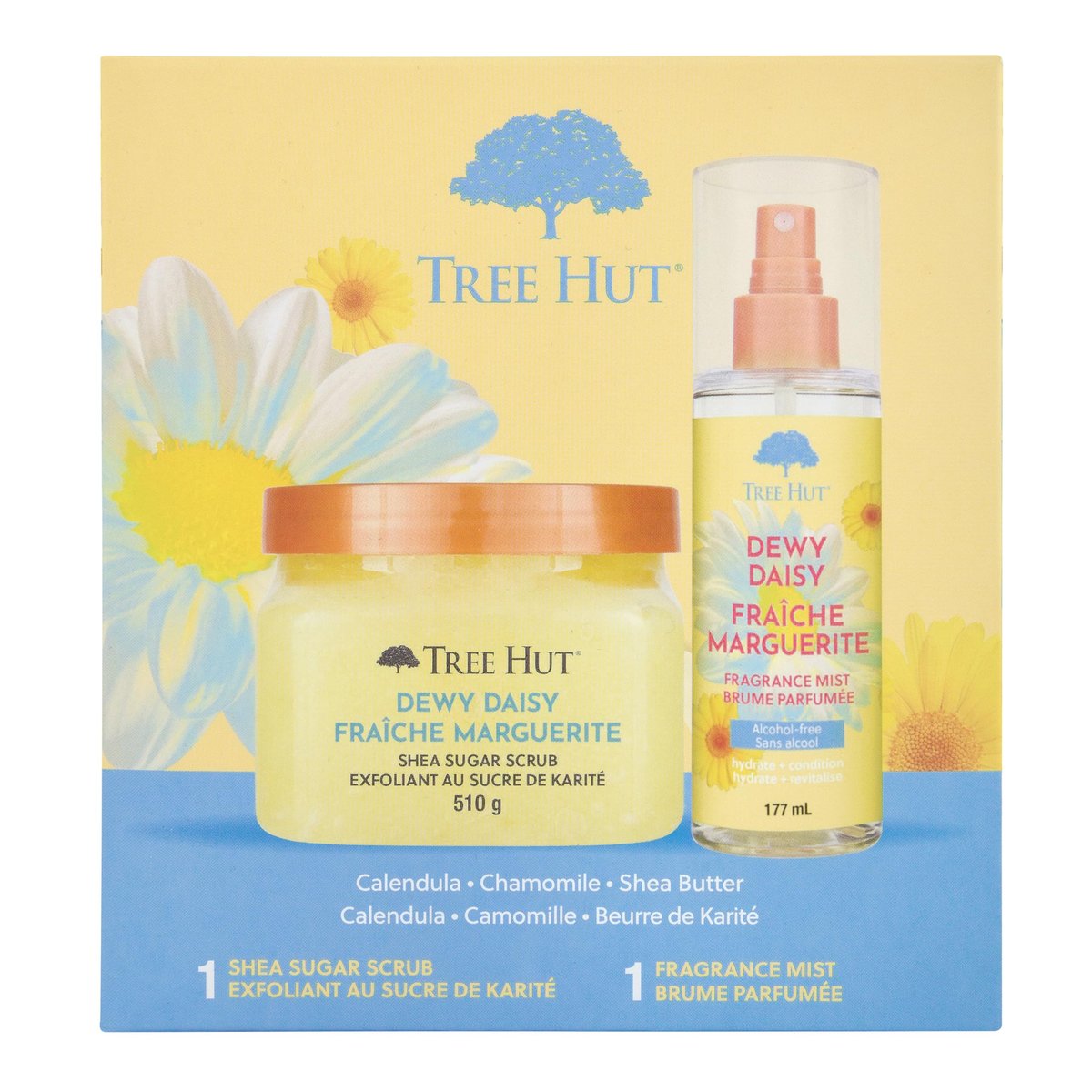 Tree Hut Dewy Daisy Geschenkset – Peeling Körperpeeling & Feuchtigkeitsspray, Hautpflege-Set, 532 ml & 177 ml