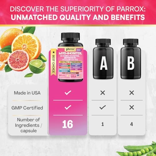 Parrox Myo Inositol Supplement – D-Chiro Inositol, Folat, DIM, Vitamin D3, B12, K2, Chrom, Bioperin, Ceylon-Zimt, Zink, Ashwagandha, Mönchspfeffer, Magnesium, Berberin (90 vegane Kapseln)