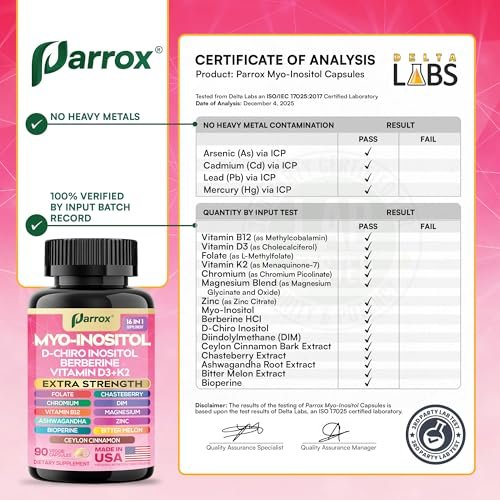 Parrox Myo Inositol Supplement – D-Chiro Inositol, Folat, DIM, Vitamin D3, B12, K2, Chrom, Bioperin, Ceylon-Zimt, Zink, Ashwagandha, Mönchspfeffer, Magnesium, Berberin (90 vegane Kapseln)