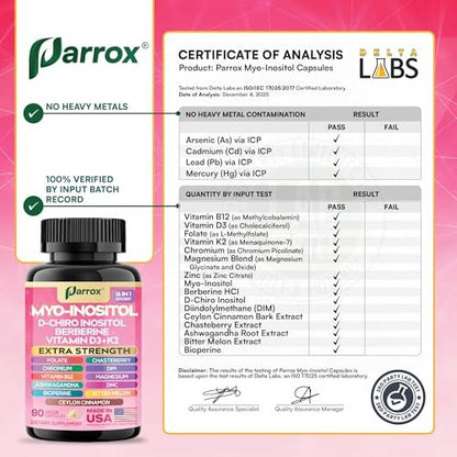 Parrox Myo Inositol Supplement – D-Chiro Inositol, Folat, DIM, Vitamin D3, B12, K2, Chrom, Bioperin, Ceylon-Zimt, Zink, Ashwagandha, Mönchspfeffer, Magnesium, Berberin (90 vegane Kapseln)