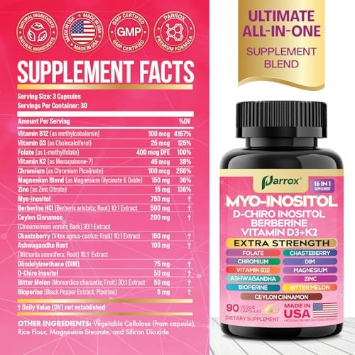 Parrox Myo Inositol Supplement – D-Chiro Inositol, Folat, DIM, Vitamin D3, B12, K2, Chrom, Bioperin, Ceylon-Zimt, Zink, Ashwagandha, Mönchspfeffer, Magnesium, Berberin (90 vegane Kapseln)