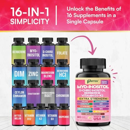 Parrox Myo Inositol Supplement – D-Chiro Inositol, Folat, DIM, Vitamin D3, B12, K2, Chrom, Bioperin, Ceylon-Zimt, Zink, Ashwagandha, Mönchspfeffer, Magnesium, Berberin (90 vegane Kapseln)