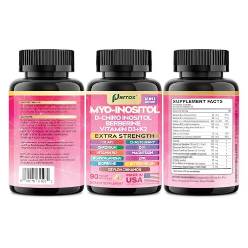 Parrox Myo Inositol Supplement – D-Chiro Inositol, Folat, DIM, Vitamin D3, B12, K2, Chrom, Bioperin, Ceylon-Zimt, Zink, Ashwagandha, Mönchspfeffer, Magnesium, Berberin (90 vegane Kapseln)