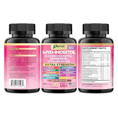 Parrox Myo Inositol Supplement – D-Chiro Inositol, Folat, DIM, Vitamin D3, B12, K2, Chrom, Bioperin, Ceylon-Zimt, Zink, Ashwagandha, Mönchspfeffer, Magnesium, Berberin (90 vegane Kapseln)