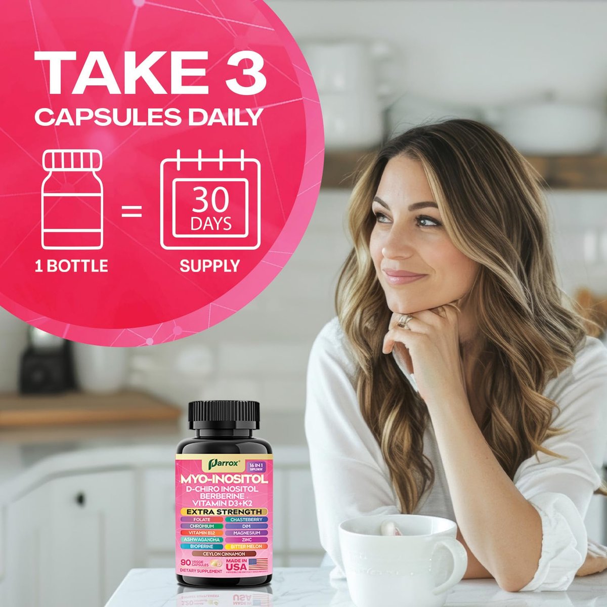 Parrox Myo Inositol Supplement – D-Chiro Inositol, Folat, DIM, Vitamin D3, B12, K2, Chrom, Bioperin, Ceylon-Zimt, Zink, Ashwagandha, Mönchspfeffer, Magnesium, Berberin (90 vegane Kapseln)