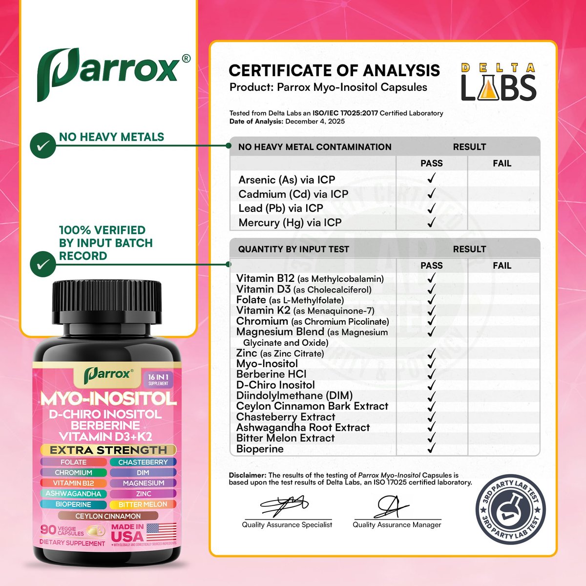 Parrox Myo Inositol Supplement – D-Chiro Inositol, Folat, DIM, Vitamin D3, B12, K2, Chrom, Bioperin, Ceylon-Zimt, Zink, Ashwagandha, Mönchspfeffer, Magnesium, Berberin (90 vegane Kapseln)