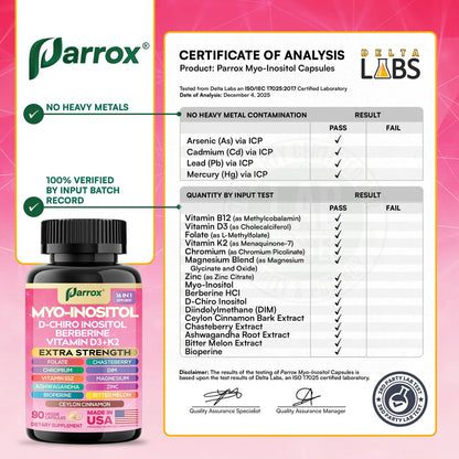 Parrox Myo Inositol Supplement – D-Chiro Inositol, Folat, DIM, Vitamin D3, B12, K2, Chrom, Bioperin, Ceylon-Zimt, Zink, Ashwagandha, Mönchspfeffer, Magnesium, Berberin (90 vegane Kapseln)