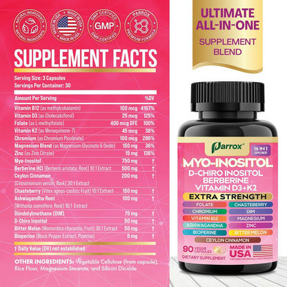 Parrox Myo Inositol Supplement – D-Chiro Inositol, Folat, DIM, Vitamin D3, B12, K2, Chrom, Bioperin, Ceylon-Zimt, Zink, Ashwagandha, Mönchspfeffer, Magnesium, Berberin (90 vegane Kapseln)