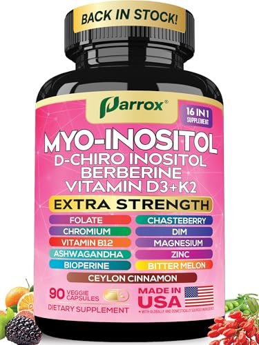Parrox Myo Inositol Supplement – D-Chiro Inositol, Folat, DIM, Vitamin D3, B12, K2, Chrom, Bioperin, Ceylon-Zimt, Zink, Ashwagandha, Mönchspfeffer, Magnesium, Berberin (90 vegane Kapseln)