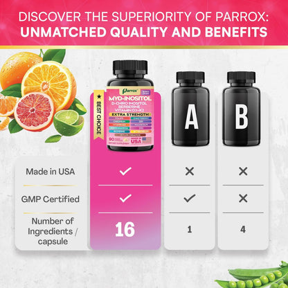 Parrox Myo Inositol Supplement – D-Chiro Inositol, Folat, DIM, Vitamin D3, B12, K2, Chrom, Bioperin, Ceylon-Zimt, Zink, Ashwagandha, Mönchspfeffer, Magnesium, Berberin (90 vegane Kapseln)