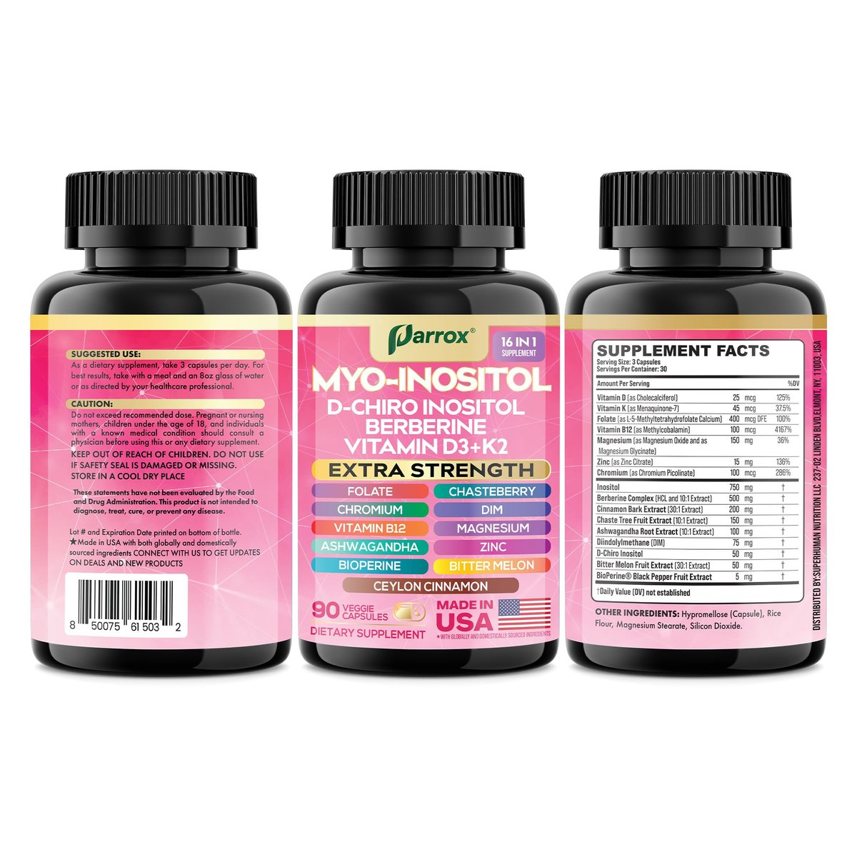 Parrox Myo Inositol Supplement – D-Chiro Inositol, Folat, DIM, Vitamin D3, B12, K2, Chrom, Bioperin, Ceylon-Zimt, Zink, Ashwagandha, Mönchspfeffer, Magnesium, Berberin (90 vegane Kapseln)
