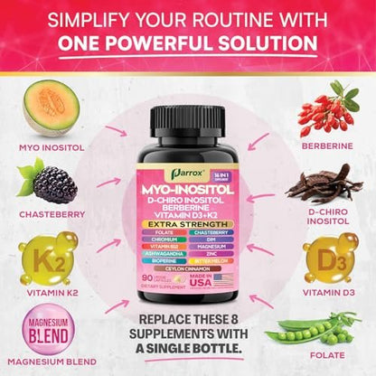 Parrox Myo Inositol Supplement – D-Chiro Inositol, Folat, DIM, Vitamin D3, B12, K2, Chrom, Bioperin, Ceylon-Zimt, Zink, Ashwagandha, Mönchspfeffer, Magnesium, Berberin (90 vegane Kapseln)