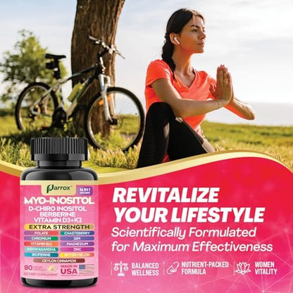 Parrox Myo Inositol Supplement – D-Chiro Inositol, Folat, DIM, Vitamin D3, B12, K2, Chrom, Bioperin, Ceylon-Zimt, Zink, Ashwagandha, Mönchspfeffer, Magnesium, Berberin (90 vegane Kapseln)