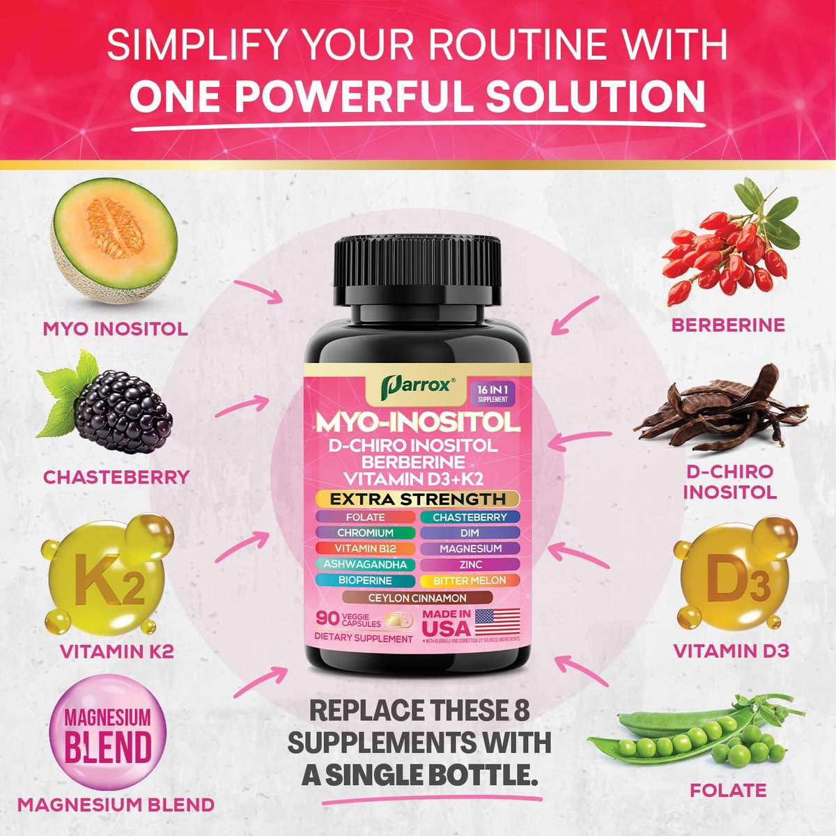Parrox Myo Inositol Supplement – D-Chiro Inositol, Folat, DIM, Vitamin D3, B12, K2, Chrom, Bioperin, Ceylon-Zimt, Zink, Ashwagandha, Mönchspfeffer, Magnesium, Berberin (90 vegane Kapseln)