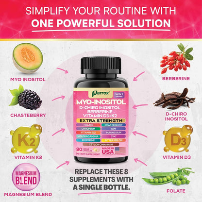 Parrox Myo Inositol Supplement – D-Chiro Inositol, Folat, DIM, Vitamin D3, B12, K2, Chrom, Bioperin, Ceylon-Zimt, Zink, Ashwagandha, Mönchspfeffer, Magnesium, Berberin (90 vegane Kapseln)
