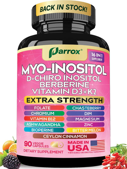 Parrox Myo Inositol Supplement – D-Chiro Inositol, Folat, DIM, Vitamin D3, B12, K2, Chrom, Bioperin, Ceylon-Zimt, Zink, Ashwagandha, Mönchspfeffer, Magnesium, Berberin (90 vegane Kapseln)
