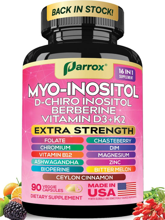 Parrox Myo Inositol Supplement – D-Chiro Inositol, Folat, DIM, Vitamin D3, B12, K2, Chrom, Bioperin, Ceylon-Zimt, Zink, Ashwagandha, Mönchspfeffer, Magnesium, Berberin (90 vegane Kapseln)