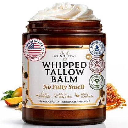 Wonderfat Rindertalg-Balsam für die Haut – Tallow & Honig Gesichtsbalsam, grasgefüttert, biologisch, mit Manuka-Honig, Jojobaöl & Vitamin E, duftfreie Körperbutter & Feuchtigkeitscreme 85 g
