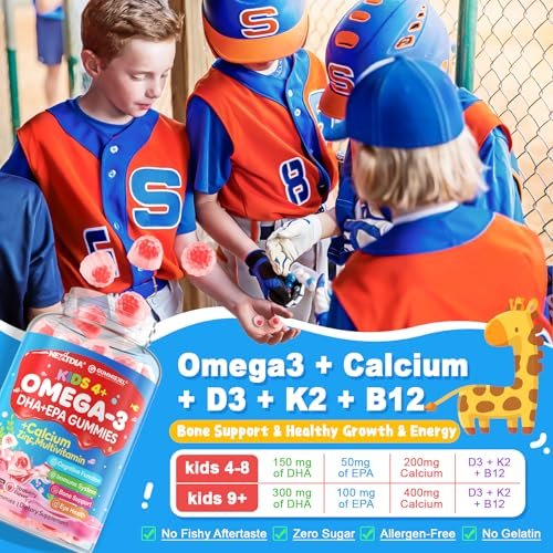 Nextdia Omega-3 (EPA/DHA) Gummis für Kinder & Teenager mit Multivitamin, Calcium + D3 + K2 + Zink, plus Vitamin A, B1, B2, B12, C, Selen, Jod – für Gehirn, Augen, Knochen, Energie – ohne Fischgeschmack, zuckerfrei, 60 Stück
