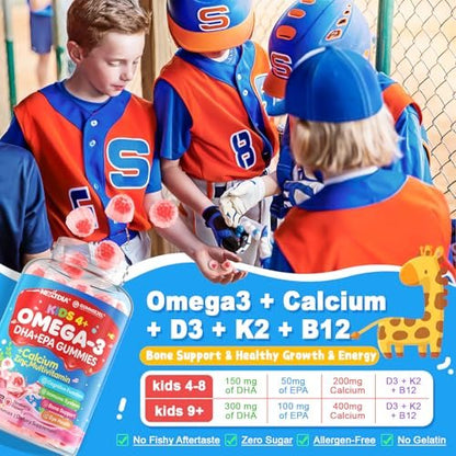 Nextdia Omega-3 (EPA/DHA) Gummis für Kinder & Teenager mit Multivitamin, Calcium + D3 + K2 + Zink, plus Vitamin A, B1, B2, B12, C, Selen, Jod – für Gehirn, Augen, Knochen, Energie – ohne Fischgeschmack, zuckerfrei, 60 Stück
