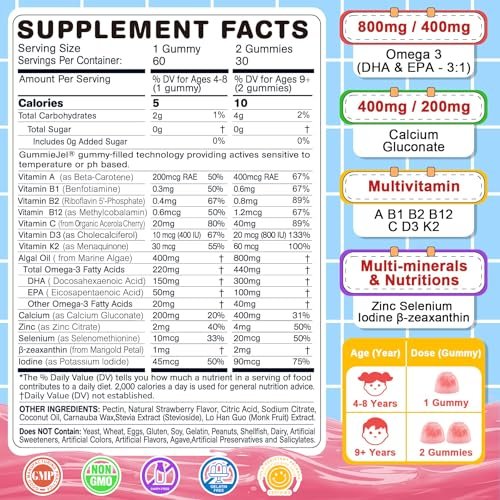 Nextdia Omega-3 (EPA/DHA) Gummis für Kinder & Teenager mit Multivitamin, Calcium + D3 + K2 + Zink, plus Vitamin A, B1, B2, B12, C, Selen, Jod – für Gehirn, Augen, Knochen, Energie – ohne Fischgeschmack, zuckerfrei, 60 Stück