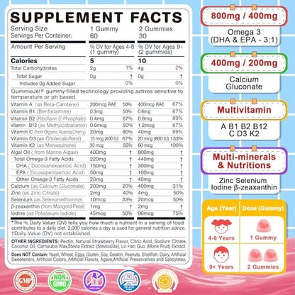 Nextdia Omega-3 (EPA/DHA) Gummis für Kinder & Teenager mit Multivitamin, Calcium + D3 + K2 + Zink, plus Vitamin A, B1, B2, B12, C, Selen, Jod – für Gehirn, Augen, Knochen, Energie – ohne Fischgeschmack, zuckerfrei, 60 Stück