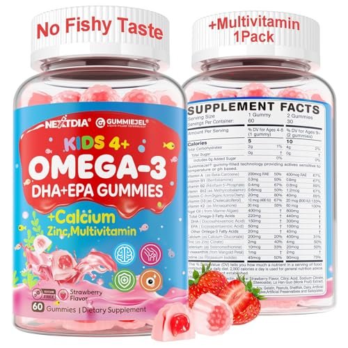 Nextdia Omega-3 (EPA/DHA) Gummis für Kinder & Teenager mit Multivitamin, Calcium + D3 + K2 + Zink, plus Vitamin A, B1, B2, B12, C, Selen, Jod – für Gehirn, Augen, Knochen, Energie – ohne Fischgeschmack, zuckerfrei, 60 Stück